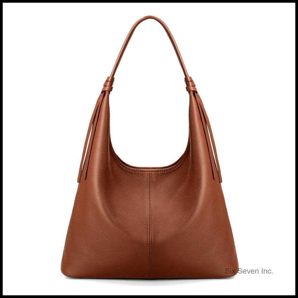 Genuine Leather Slouchy Hobo Tote Handbag with Tassel Ribbon Elegant Chic
